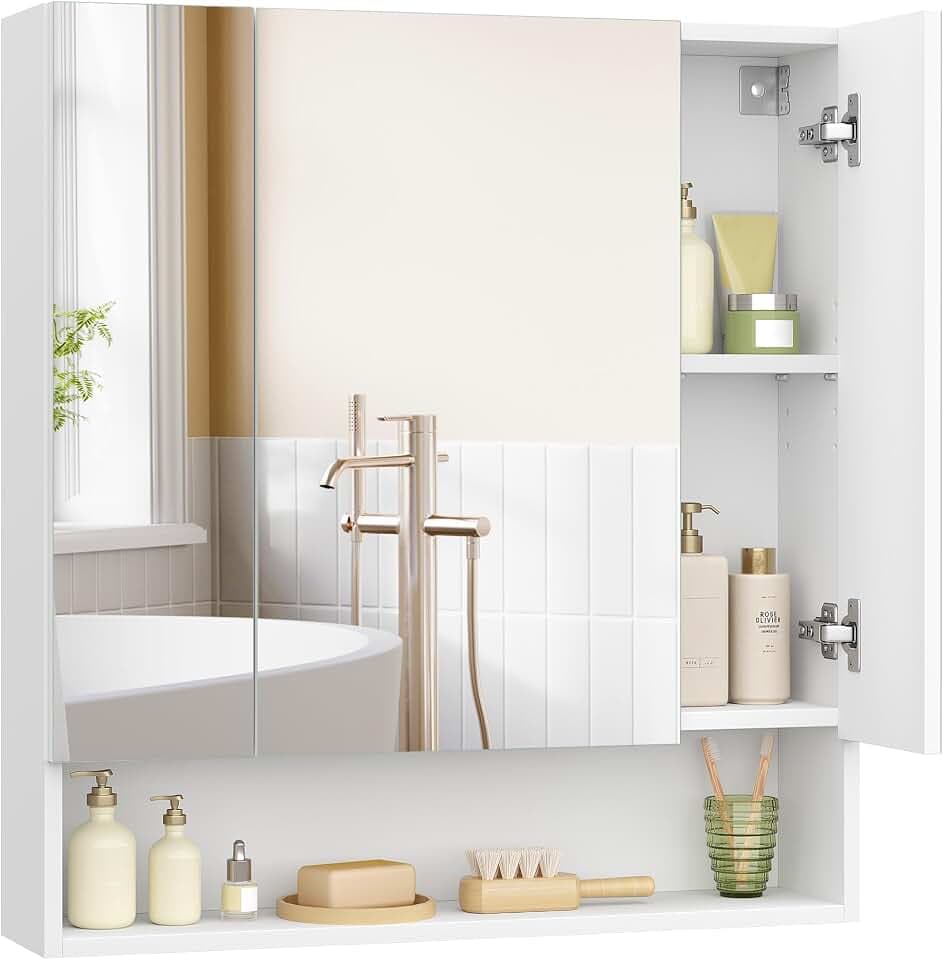VASAGLE Badezimmerschrank mit 3 Türen, Spiegelschrank, 16,5 x 70 x 75 cm | Badschrank, offenes Fach, verstellbare Ablagen, wolkenweiß, KAILYN Kollektion BBK129W01