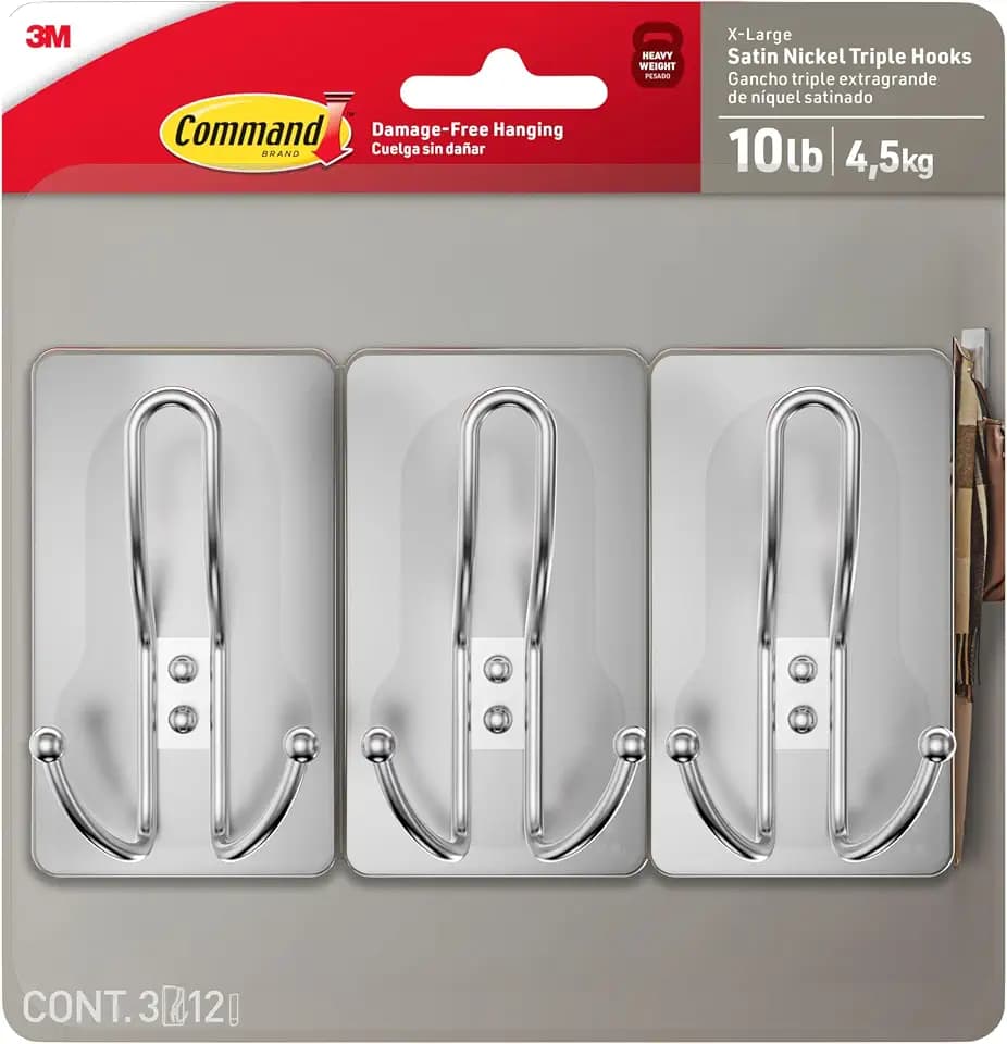 Command 10 lb X-Large Satin Nickel Triple Hooks, 3 Hooks and 12 Strips, Damage-Free Hanging with Adhesive Strips, No Tools Wall Hook for Hanging Decorations in Living Spaces