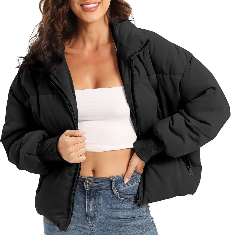Women's Winter Coat Puffer Jacket, Quilted Down Cropped Lightweight without Hood for Snow Warm