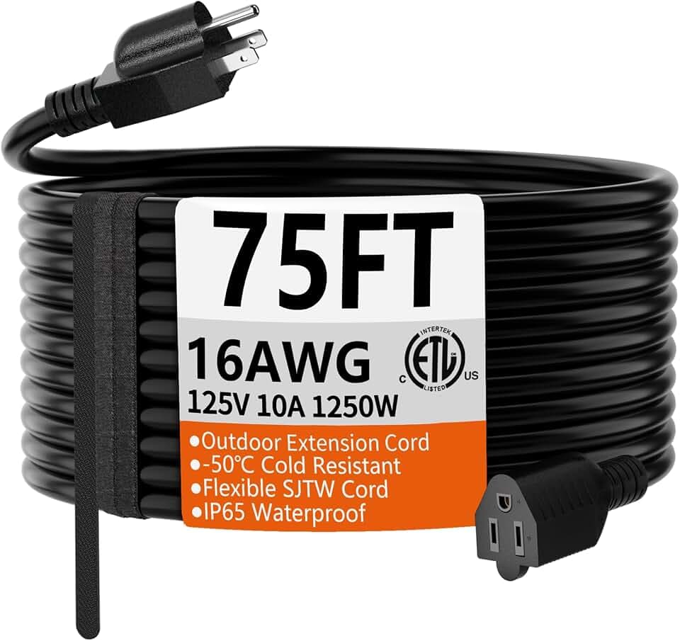 HUANCHAIN Black Extension Cord 75 FT, 16 Gauge, Outdoor Electric Cable