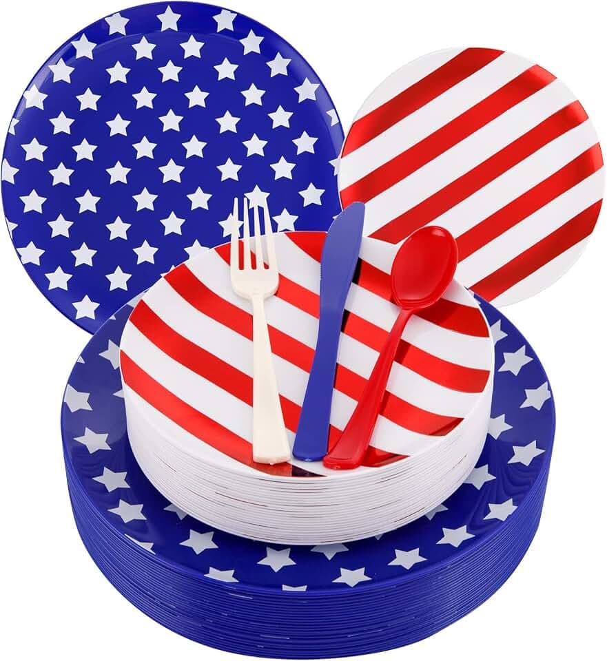 WDF 4th of July Plates-125pcs Red White Blue Plates Supplies Include 50Pcs American Flag Plate, 25 Forks, 25 Knives, 25 Spoons Perfect for Party/250th Anniversary