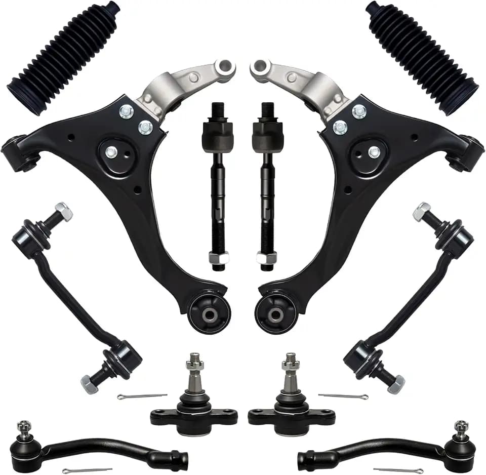 AUQDD 12Pc Front End Suspension Kit Fit For 2006-2010 Hy-undai Sonata, 2 Lower Control Arm 2 Ball Joint 2 Sway Bar Link 4 Outer & Inner Tie Rod End 2 Boot (# K641391 K80949 EV800345 ES800335 K500035)