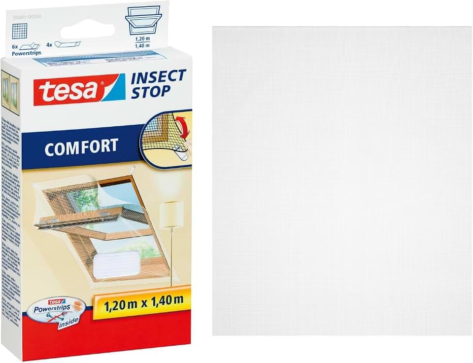 tesa INSECT STOP Fliegengitter für Dachfenster Premium - 1,20 m x 1,40 m | Insektenschutz für Dachfenster mit leichtem Sichtschutz - ohne Bohren, Befestigung mit selbstklebenden tesa Powerstrips, Weiß
