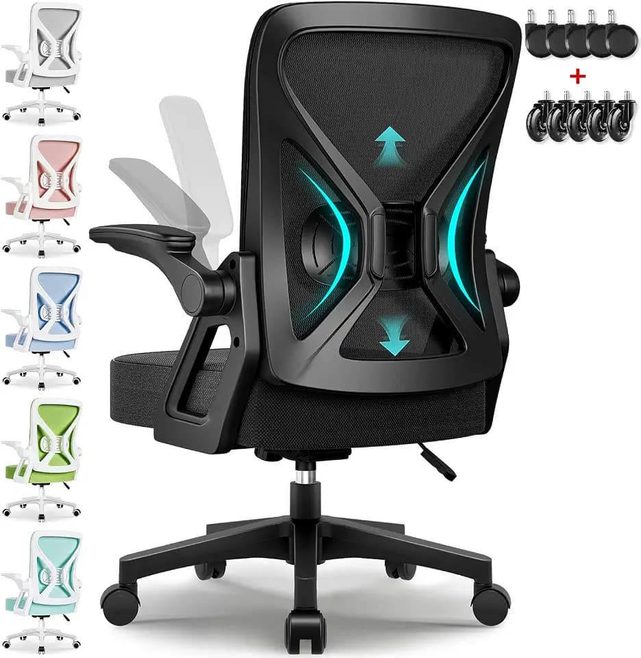 Bürostuhl Ergonomisch mit Hochklappbaren Armlehnen, Einstellbarer Lendenstütze, Wippfunktion bis 125°, Höhenverstellbar, Netzstuhl, Schwarz