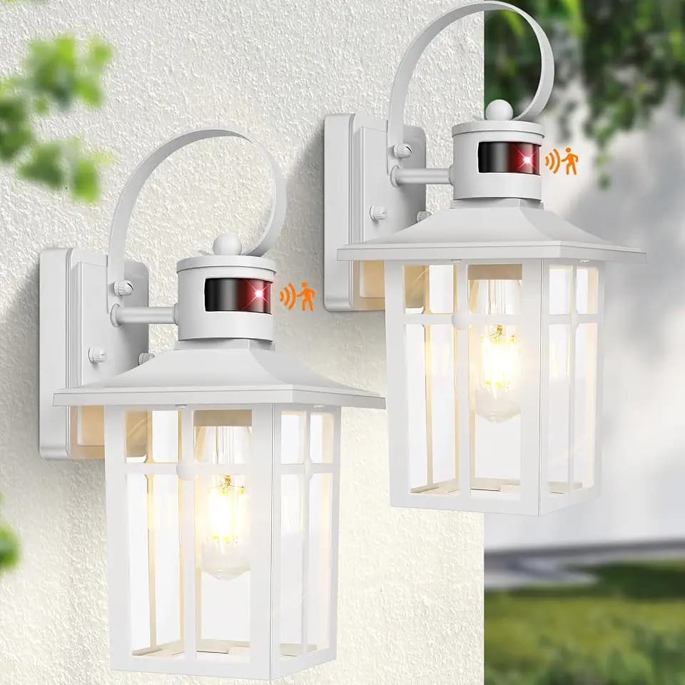 White Porch Light Fixture, 2-Pack Motion Sensor Outdoor Sconce Light