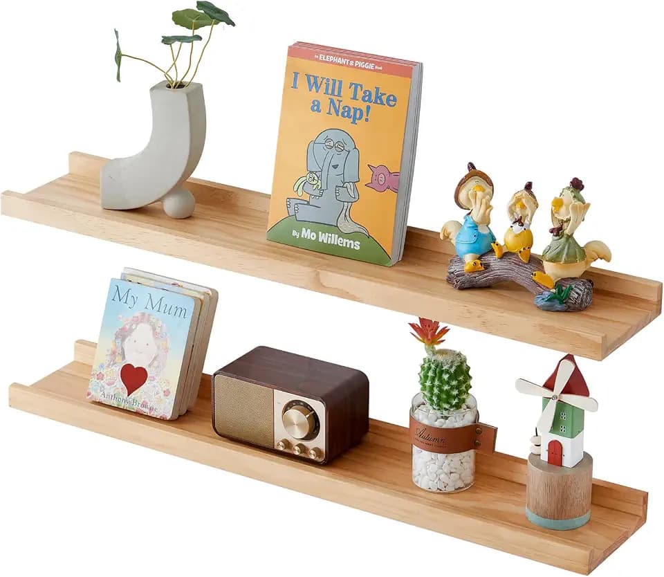 Wandregal 2er Set, 60cm Bilderleiste Holz Schweberegal Holz Regalbrett Wandboard Massiv Bilderleiste Bücherregal Kinder Wand für Wohnzimmer, Kinderzimmer, Schlafzimmer (60 x 15 cm)