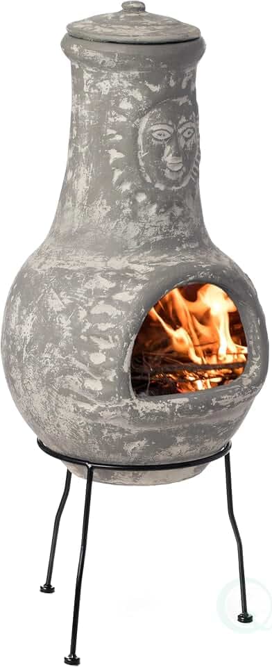 Outdoor Clay Chiminea Fireplace Sun Design Wood Burning Fire Pit with Sturdy Metal Stand, Barbecue, Cocktail Party, Cozy Nights Fire Pit, Gray