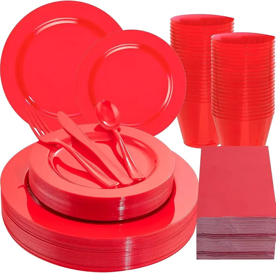 GATHER 176PCS Red Plastic Plates for Wedding and Party