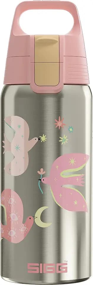 Sigg - Isolierte Trinkflasche Kinder - Shield Therm One Fly Away - Kohlensäuregeeignet - Auslaufsicher - Spülmaschinenfest - BPA-frei - 90% recycelter Edelstahl - Brushed & Pink mit Vögeln - 0,5L