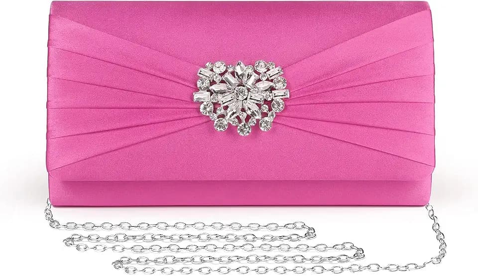 Evening Bags For Women Pleated Satin Rhinestone Brooch Prom Clutch Purse With Detachable Chain Strap