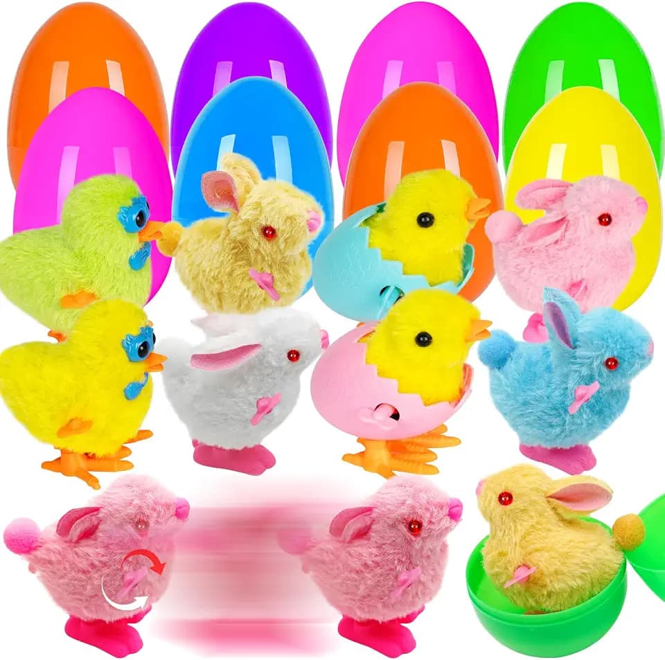 Jumbo 4" Easter Eggs Filled with Wind-up Toys, 8 Pack Colorful Easter Egg Wind Up Jumping Bunnies and Chicks Hunt Filling Treats Easter Basket Stuffers Easter Party Favors for Kids Boys Girls