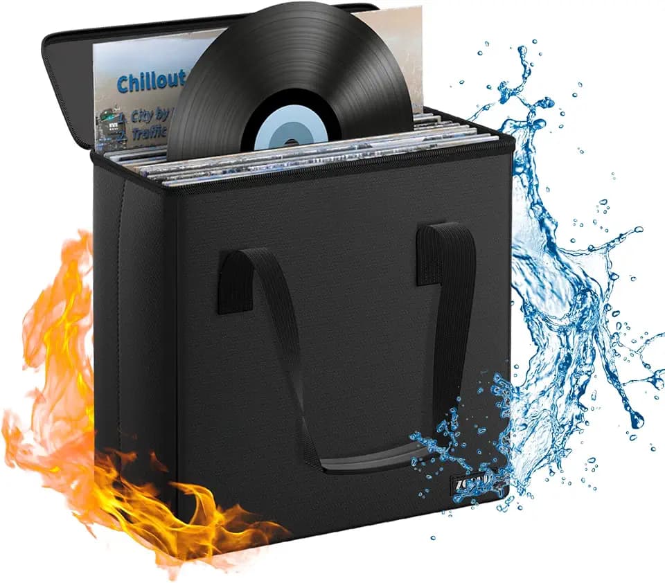 Fireproof Vinyl Record Storage Box,Holds 30 Albums, Black