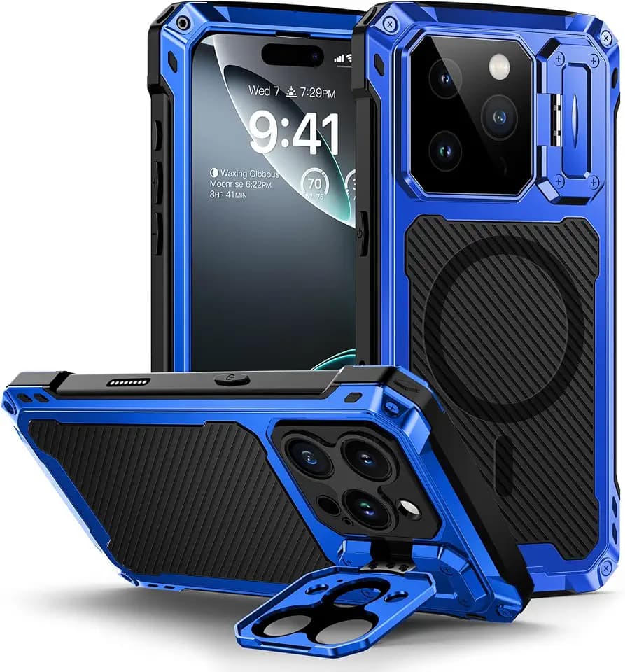 Lanhiem for iPhone 16 Pro Max Metal Case with Camera Cover & Stand [Compatible with MagSafe] [Built-in Kickstand] [Military-Grade Protection] Heavy Duty Rugged Magnetic Phone Case, (Blue)