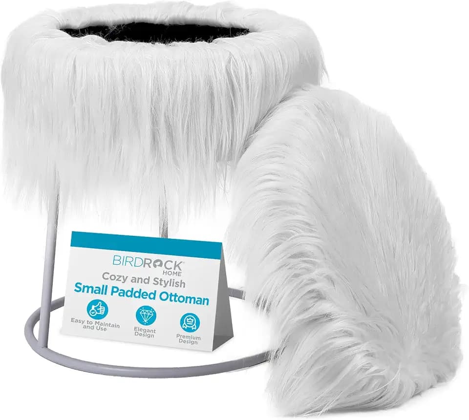 BIRDROCK HOME Round Faux Fur Vanity Stool Ottoman - Small Fluffy Makeup Chair or Footrest with Soft Padded Seat, Storage and Metal Legs for Bedroom, Vanity or Closet (White)