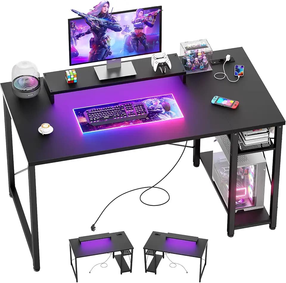 iSunirm Gaming Schreibtisch 100x50cm Schwarz mit LED & 2 Steckdosen + 2 USB, Computertisch mit Monitorständer, Wendbarer Kleiner Tisch für Homeoffice & Gaming Room