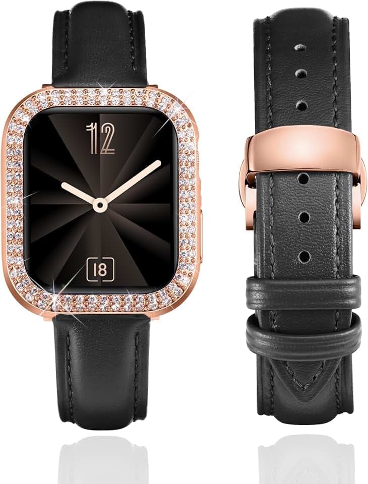 BINLUN Kompatibel mit Apple Watch Armband 40mm 41mm 42mm 44mm 45mm 46mm Damen Lederarmband mit Diamant PC Hülle Kompatibel mit iWatch Series 11 10 9 8 7 6 5 4 SE3/2/1
