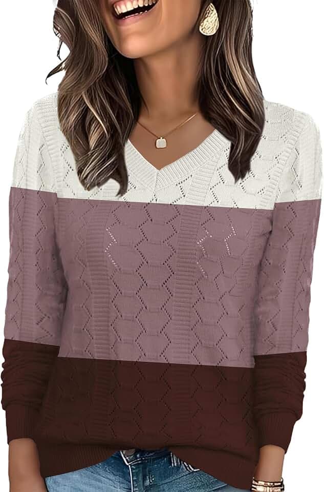 Ivicoer Womens Sweaters V Neck Long Sleeve Pullover Tops Hollow Out Fall Outfits Fashion Clothing 2025