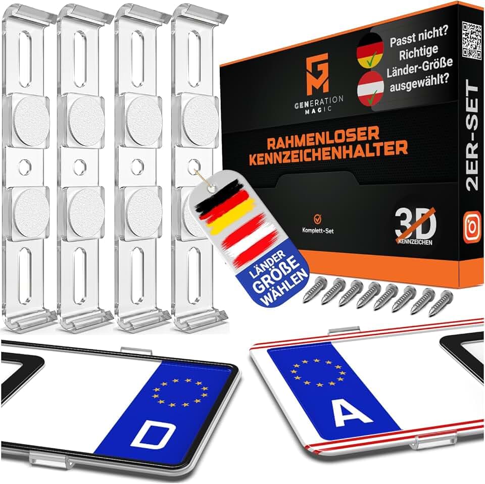 GENMAG® Kennzeichenhalter Rahmenlos [Legal & Universal] Nummernschildhalterung Auto | Rahmenlose Kennzeichenhalter für Autos | Kennzeichenhalterung Rahmenlos | Nummernschildhalter für 2 Kennzeichen