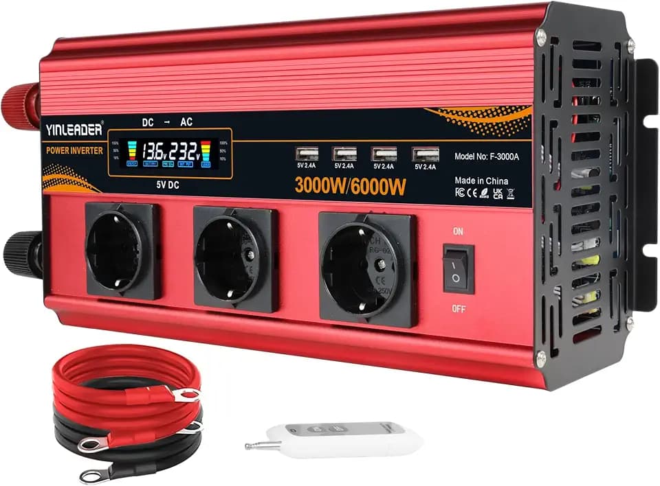 Yinleader Spannungswandler 3000W/6000W 12V 230V Wechselrichter 4 USB-Anschlüssen + 3 AC-Steckdosen Fernbedienung für Autos/Wohnmobilen/Solarsysteme