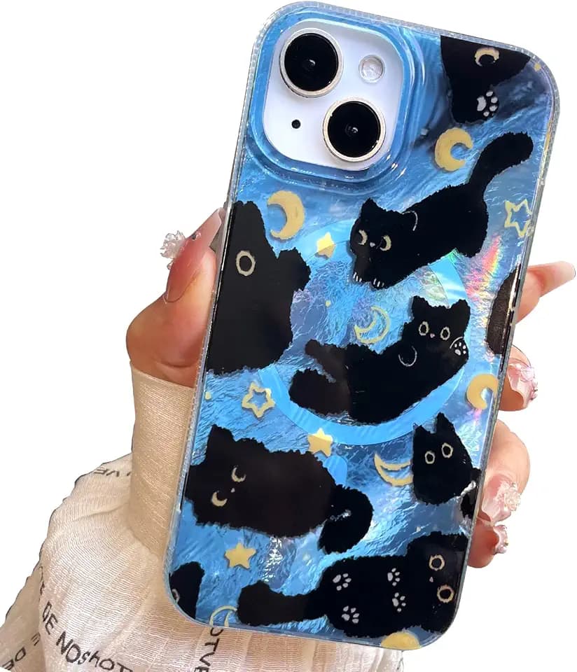 Compact Case for iPhone 13 Case & iPhone 14 Black cat Design,[Compatible with Magsafe] Cute Soft Slim TPU Shockproof Protective Bumper Phone Cases Cover for Aesthetic Glitter Shiny Adorable