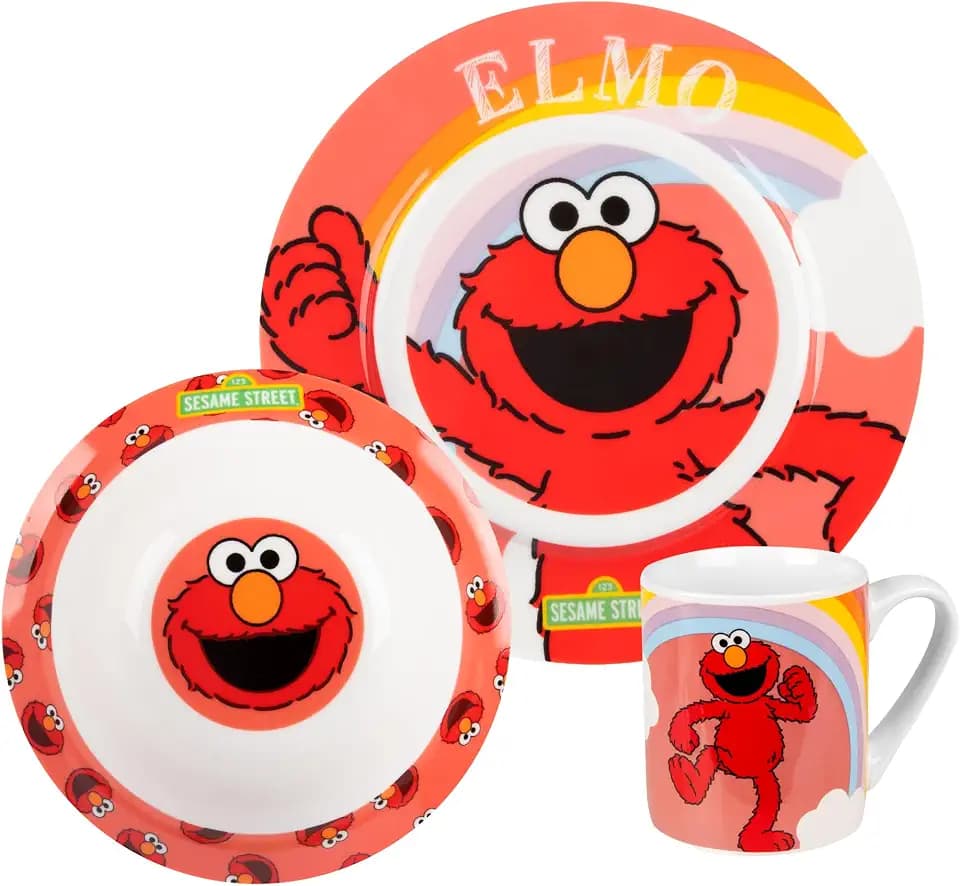 United Labels Elmo Frühstücksset Kinder, mit Elmo, Geschirr Set Porzellan, 3-teilig mit Teller, Schale und Tasse, spülmaschinenfest und mikrowellengeeignet