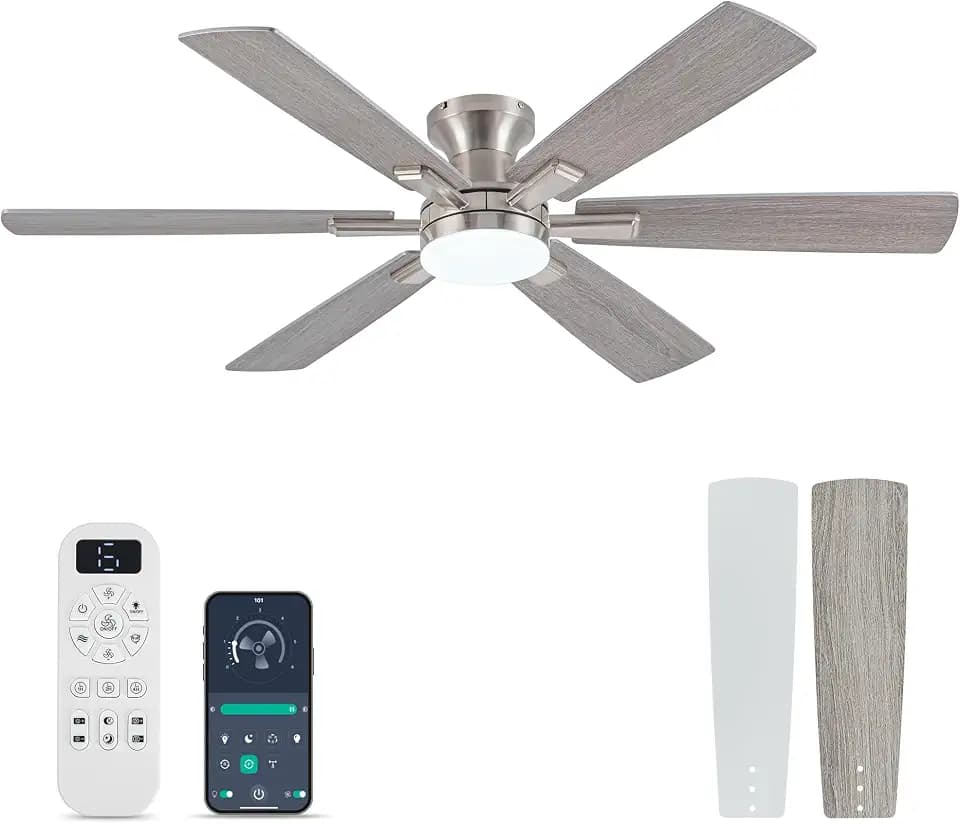 Ceiling Fans with Lights and Remote Control, Brushed Nickel Flush Mount Ceiling Fan with Light 3-Color Dimmable, Memory for Lighting and Fan Reversible, 6-Speed, Timer, Indoor/Outdoor Use, 52 Inch