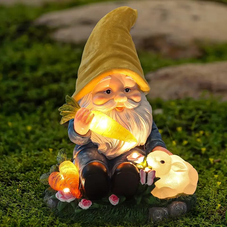 Solar Garden Outdoor Statues Gnome Feeding Rabbit with 6 LED Lawn Decor Outside Decorations for Patio, Balcony, Yard Ornament Unique Garden Gift