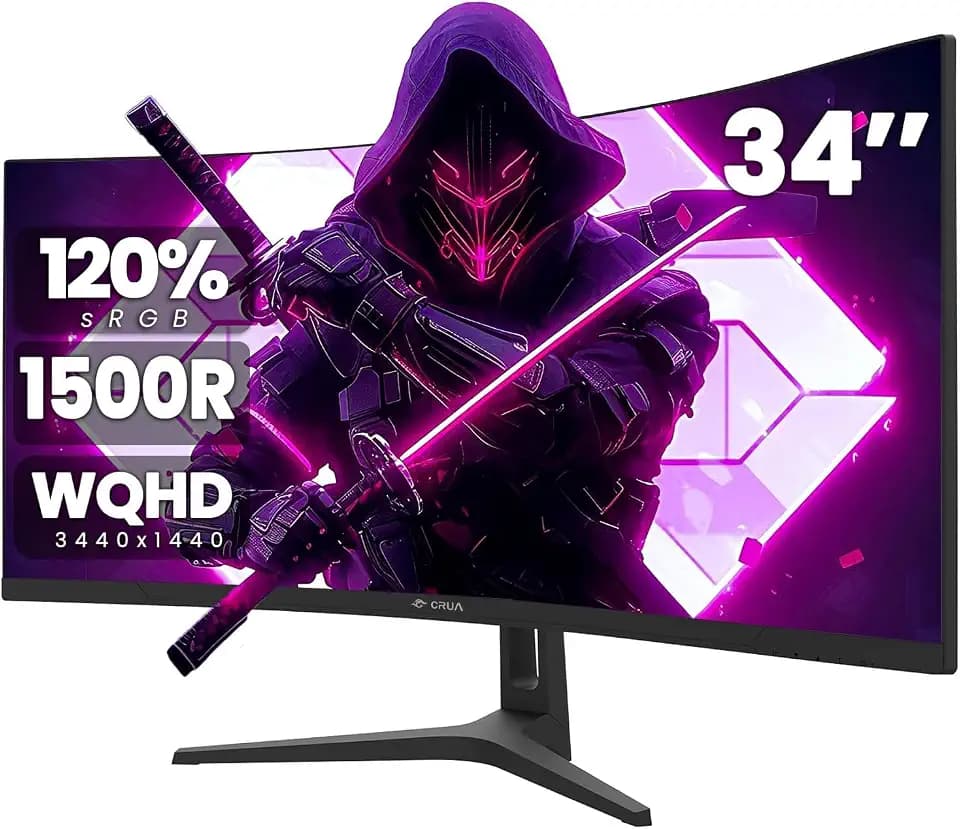 CRUA 34" WQHD 165Hz Ultrawide Curved Gaming Monitor, 1500R, FreeSync, Black