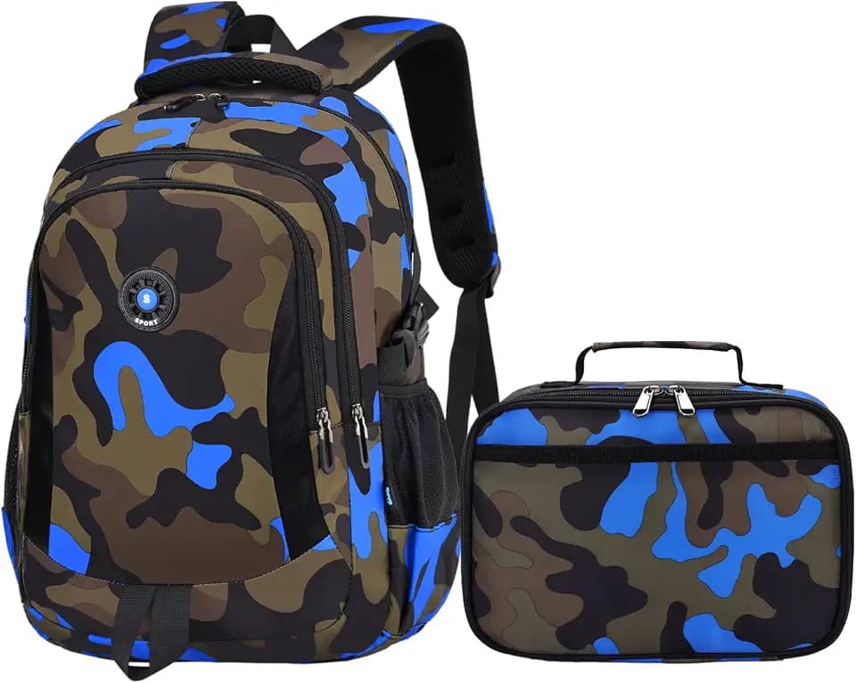 Ladyzone Camo School Backpack Lunch Box Set Lightweight Schoolbag Travel Camp Outdoor Daypack