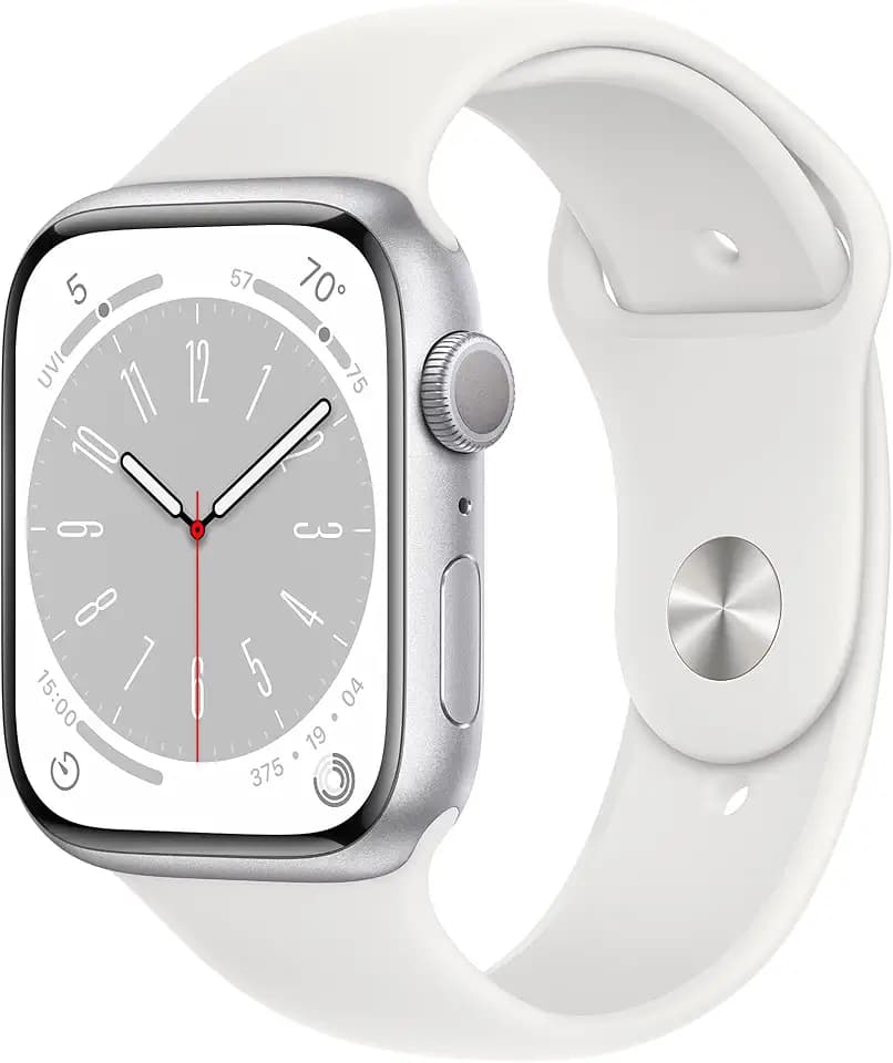 Apple Watch Series 8 (GPS, 45MM) Silver Aluminum Case with White Sport Band, M/L (Renewed Premium)