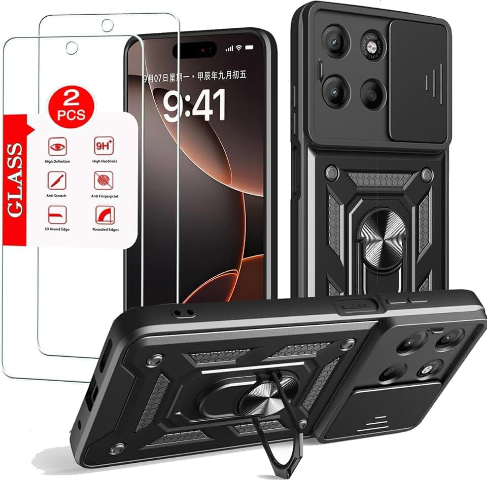 for Motorola Moto G15 Case with [2 Pack] Tempered Glass Screen Protector, for Moto G15 Case Heavy Duty Armor [Military-Grade] Protective，with Magnetic Stand Phone Cover Black