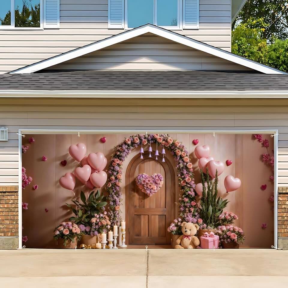 7x16ft Garage Door Banner,Pink Floral Heart Backdrop with Balloons,Large Waterproof Romantic Party Decor for Wedding Birthday Mother's Day,Outdoor Indoor Home Wall,Photo Booth Background