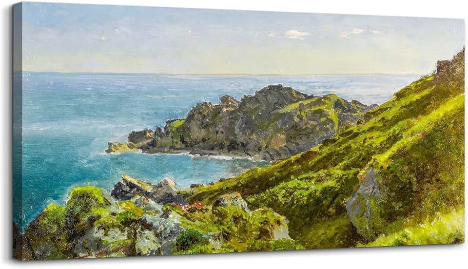 hyidecorart Vintage Leinwand Bilder, 59x119 cm Groß Wandbilder Wohnzimmer Küstenlinie mit Grashängen Bild Aesthetic, Landscape Wanddeko Schlafzimmer Gemälde Badezimmer Kunst Büro Zimmer Esszimmer