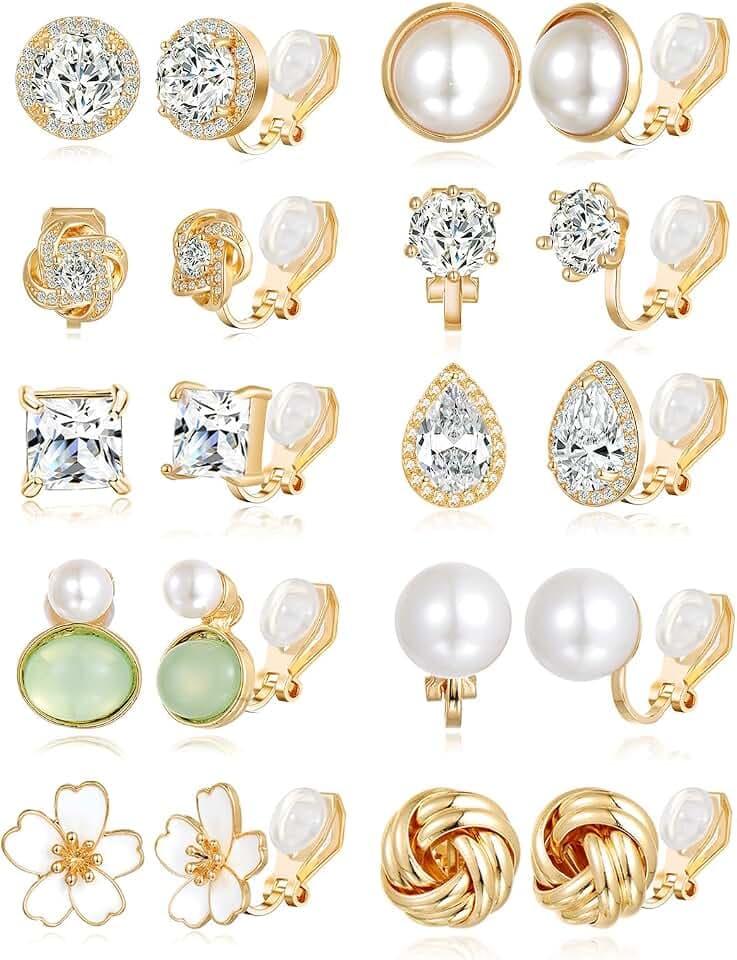 Tornito 10-15 Pairs Clip on Stud Earrings Non Pierced Teardrop Round Square CZ Pearl Twist Knot Flower Butterfly Heart Star Rainbow Cat Opal Clip on Earrings for Women