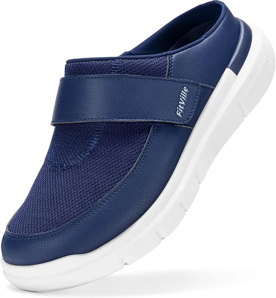 FitVille Wide Slippers for Men Slip-On Wide Mens Mules Clogs for Swollen Feet Adjustable Indoors Lightweight Walking Shoes