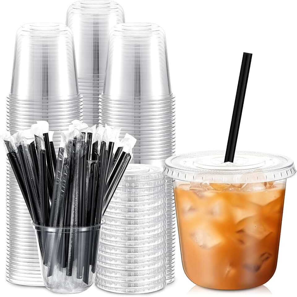 Ziliny 100 Sets 10 oz Clear Plastic Iced Coffee Cups with Lids and Straws