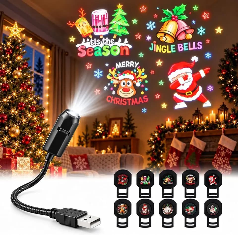 Weihnachtsprojektor Lichter, Plug and Play HD Xmas Projektor mit 10 Festlichen Projektionsfilmen, 360° Drehbar USB Weihnachtsprojektionsleuchte für Schlafzimmer, Wand, Decke & Party