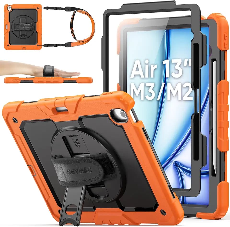 SEYMAC stock Case for iPad Air 13-inch M4-M2 2026-2024 (Gen 8-6), Shockproof Heavy Duty Case with Screen Protector, Pencil Holder, Rotating Stand, Hand Strap, Shoulder Strap, Orange