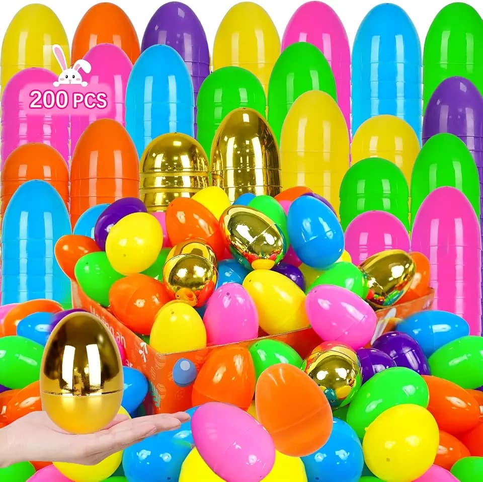 200 PCS 3" Large Fillable Plastic Easter Eggs with 6 Golden Eggs, Empty Bright Colorful Eggs for Kids Easter Hunt Classroom Prizes Basket Stuffers Easter Party Favors