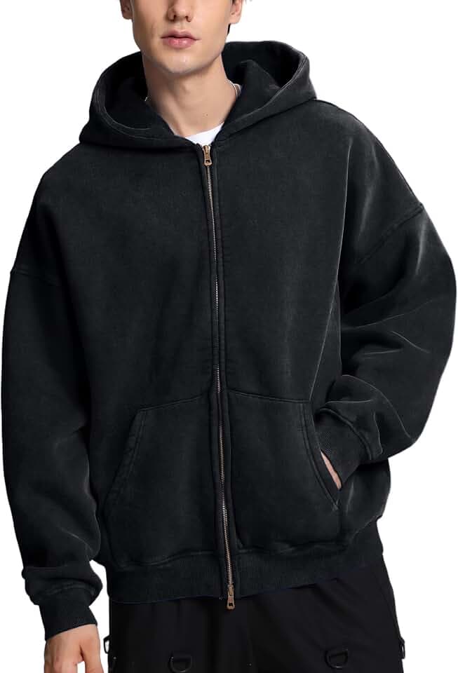 Dnzzs Mens Zip Up Hoodie Oversized Acid Wash Hoodie Heavyweight Fleece Full Zipper Vintage Sweatshirt Fall Fashion Zip Jacket