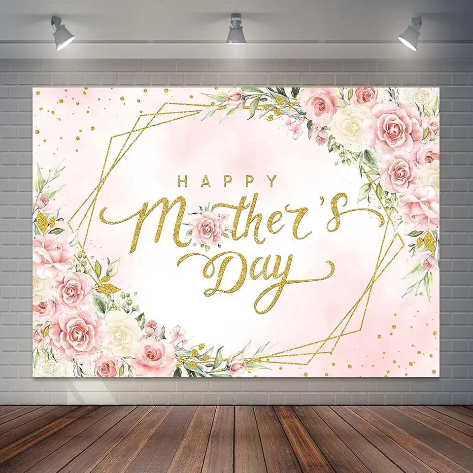Blush Pink Floral Mothers Day Backdrop Gold Geometric Happy Mother's Day Party Decorations Thanks Mom's Day Photography Background Cake Table Banner (7x5ft)