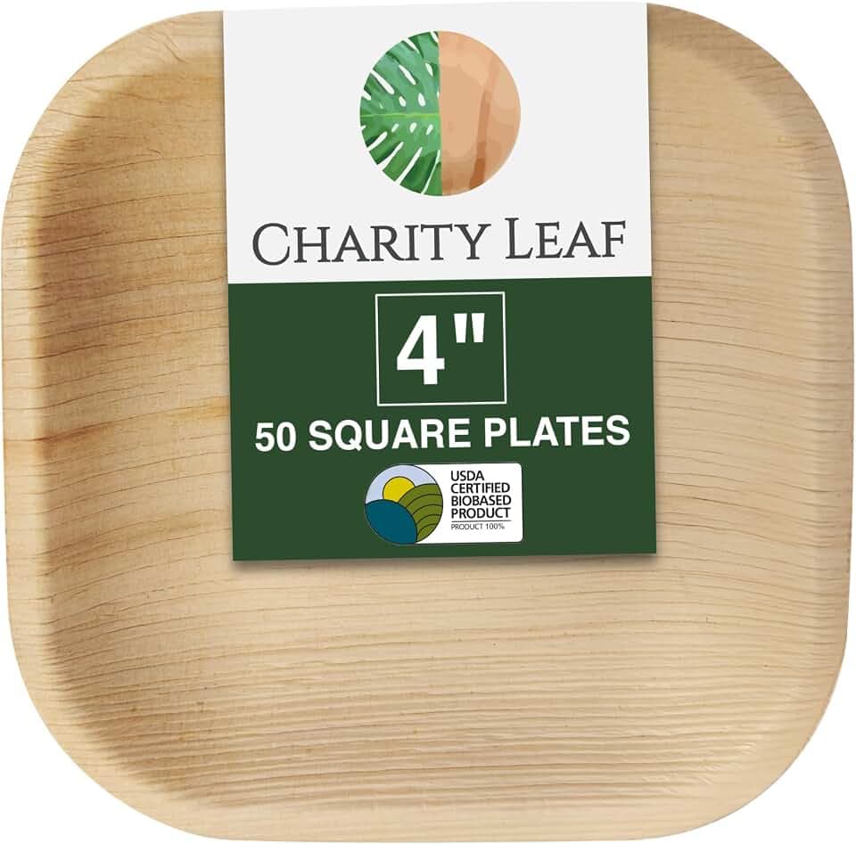 Charity Leaf Disposable Bamboo 4" Square Plates (50 pieces) Bamboo Serving Platters, Disposable Boards, Eco-Friendly Dinnerware For Weddings, Catering, Events