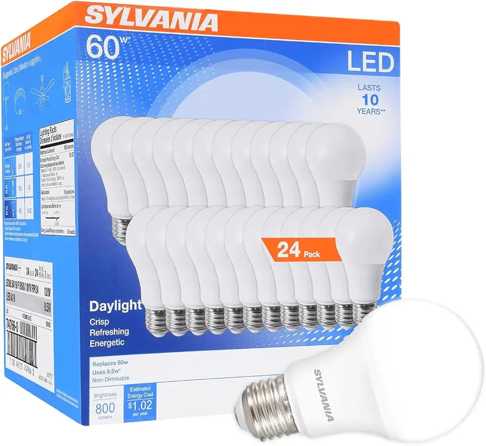 Sylvania LED A19 Light Bulb, 60W Equivalent, Efficient 8.5, 10 Year, W, 5000K, 800 Lumens, Frosted, Daylight (74766) (Pack of 1, 24 Count Total)