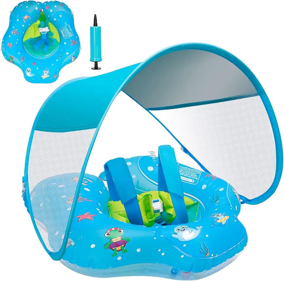 Baby Pool Float, 120° Adjustable UPF50+ Canopy, Anti-Flip Double Air Chamber Safety Seat, 2-in-1 Backstroke Breaststroke Thick PVC Swim Ring with Animal Toys for 3-36M Infants Toddlers