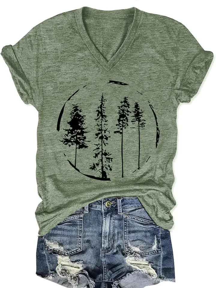 Vintage Boho Tops for Women V-Neck Flowers Shirt Spring Graphic Tees Floral Print Summer Casual Short Sleeve Tshirt Top
