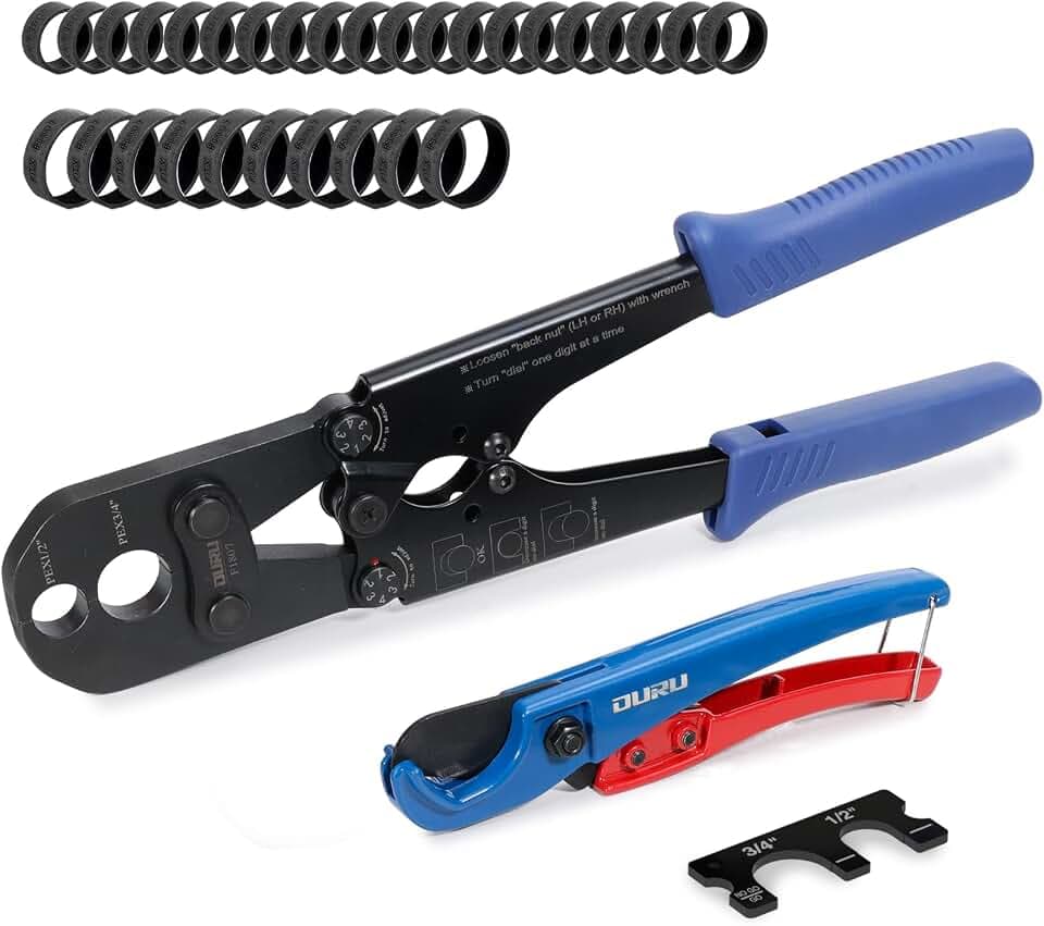 OURU PEX Crimping Tool for Copper Rings 1/2" & 3/4", with Rings and Cutter