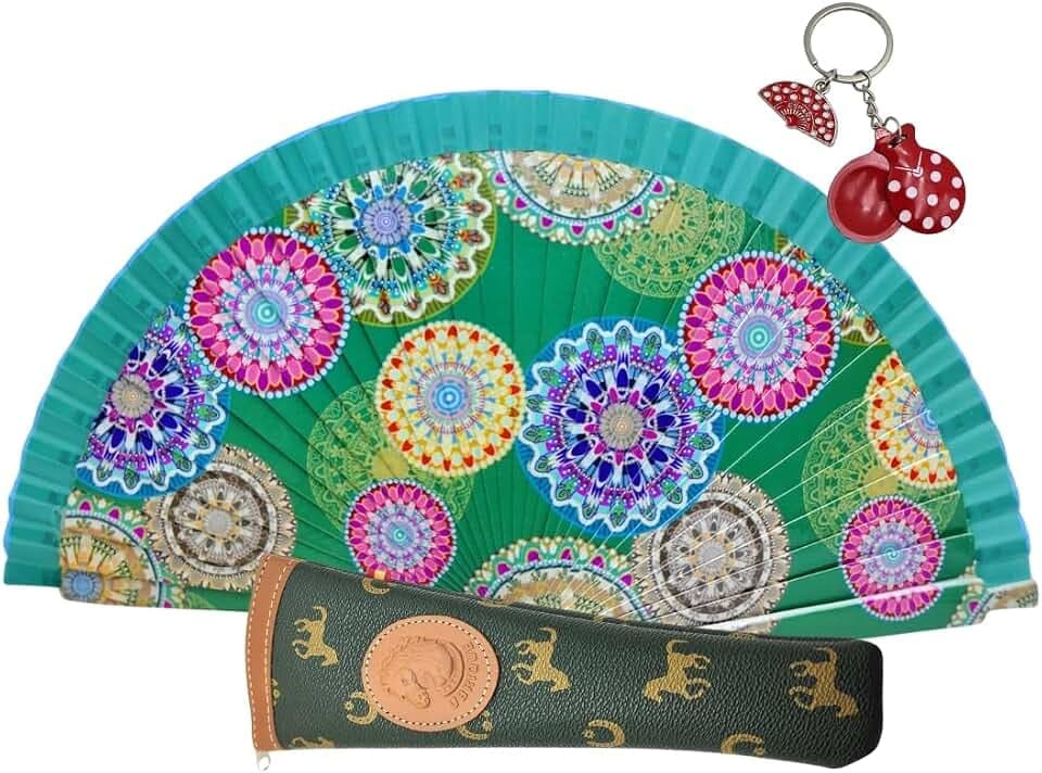 Faltbarer Fächer mit Fächerhülle. Bedruckte Baumwollstoff auf Holz. Gedruckte Zeichnungen. mit spanischem Schlüsselanhänger oder Magnet (Essenz Smaragd)