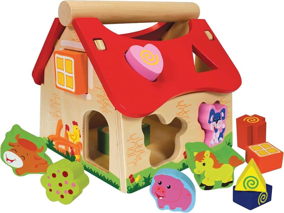 Eichhorn 100002098 Holz Steckhaus, 15-teiliges Haus aus Kiefernholz, mit 12 Steck-Bausteinen, Motorikspielzeug für Kinder ab 1 Jahr, Größe: 18 x 17,5 x 18 cm
