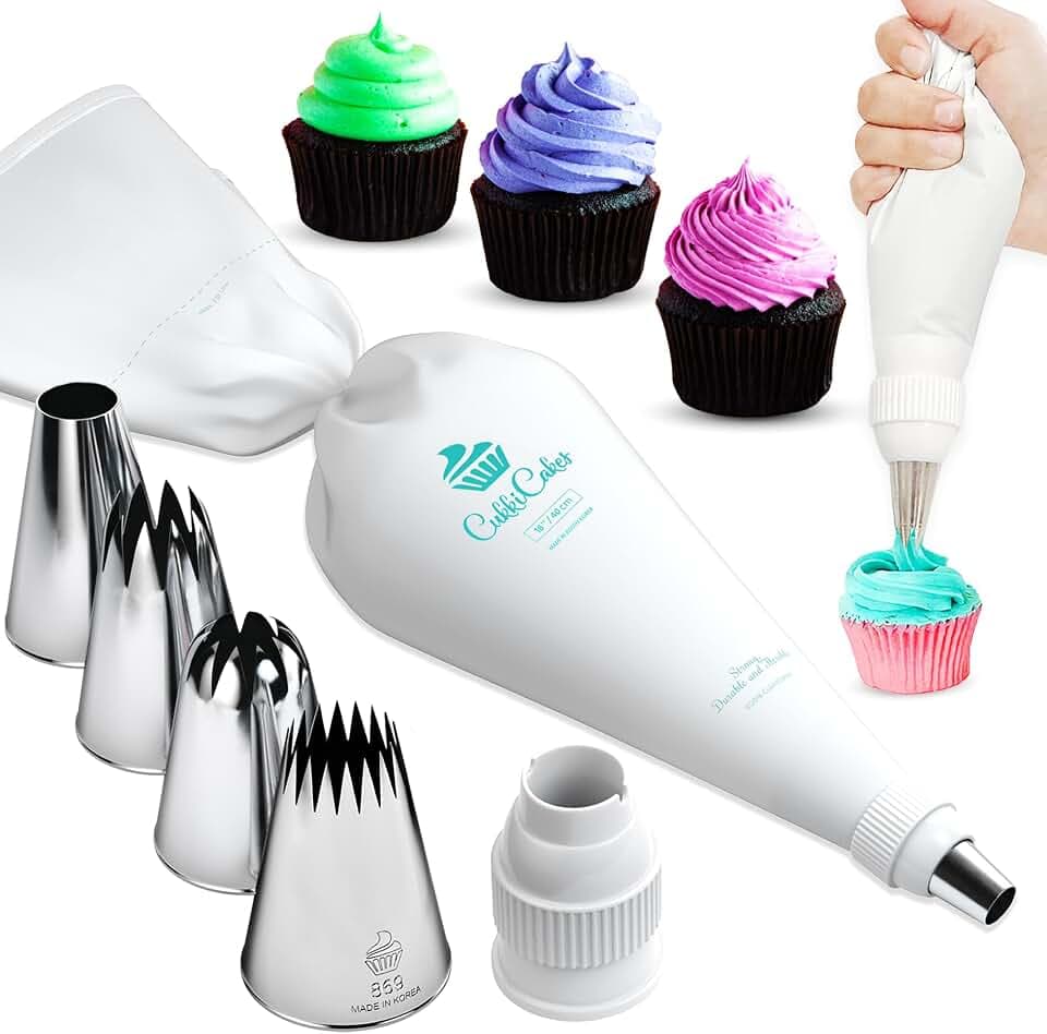 Spritzbeutel Mit Tüllen Profi Set (6 Stück): Spritzsack Wiederverwendbar (45cm) + 4 Spritztüllen Groß XL (849, 869, 829, 808) + Adapter | Torten Spritztüte Set Made in Japan & Korea