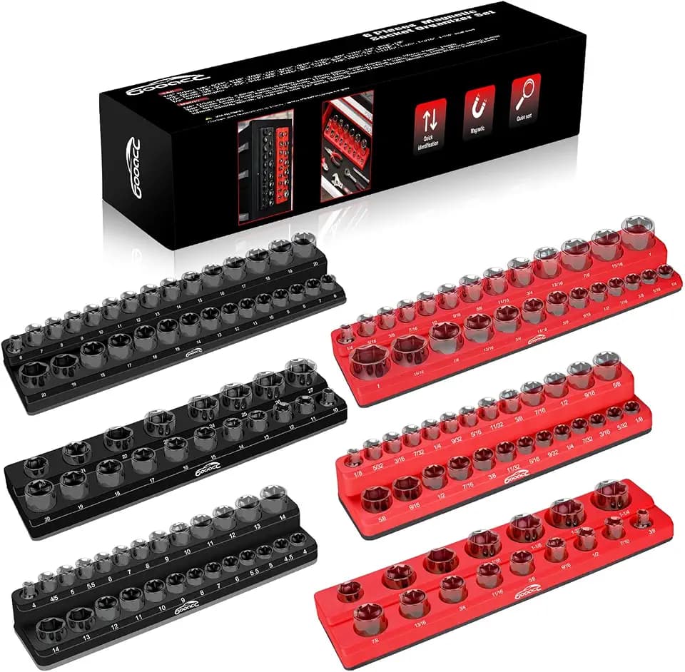 GOOACC Magnetic Socket Organizer Set, 6 Pieces Magnetic Socket Holder 1/2", 1/4", 3/8" Drive Metric & SAE Socket Tool Set, Socket Organizer Tray for Tool Box Drawer Holds 143 Standard Sockets